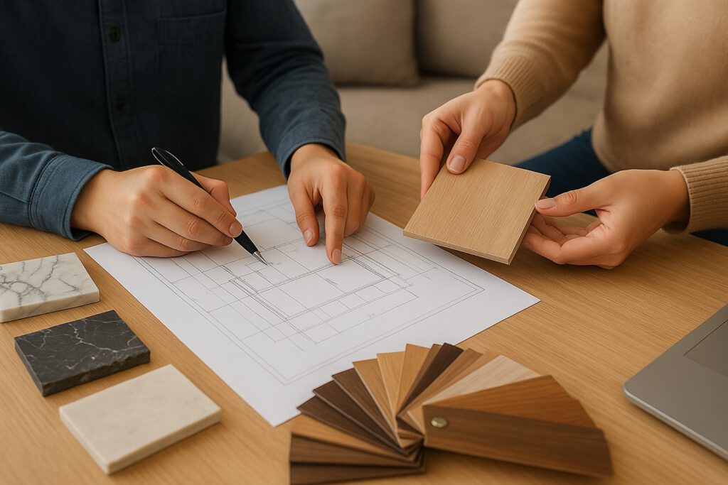 Conseiller MS Singulier présentant des échantillons de matériaux à un client pour un projet de mobilier sur mesure, dans le cadre d’un accompagnement personnalisé.